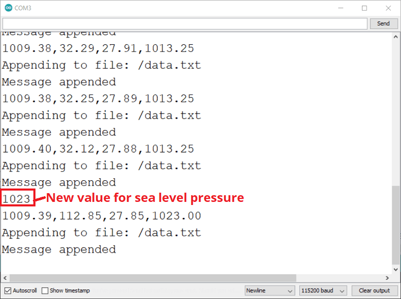 ESP32 BMP388 Altimeter Datalogger Serial Monitor Demonstration New value for sea level pressure