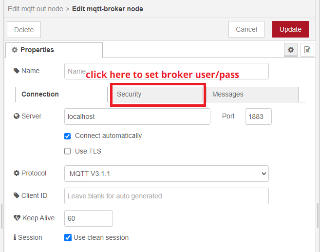 MQTT Node edit add MQTT broker user username and password settings