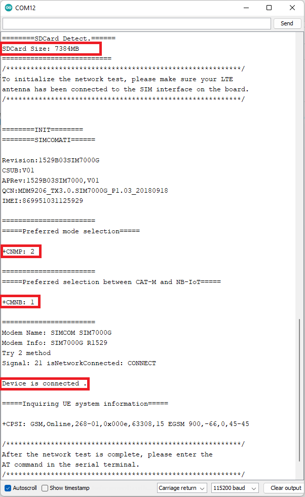 ESP32 SIM7000G Network Test Serial Monitor