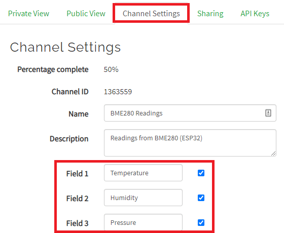 Thingspeak add new fields channel settings change