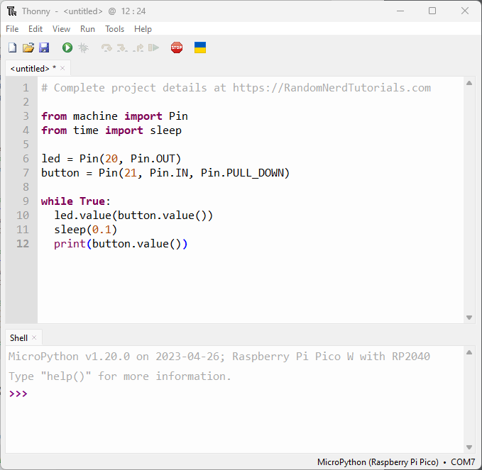 Thonny IDE Inputs and Outputs MicroPython Raspberry Pi Pico
