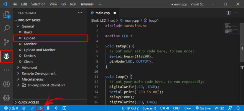 Upload Code ESP32 board PlatformIO VS Code Visual Studio