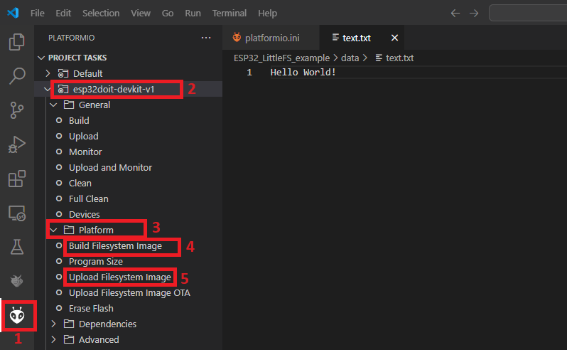 Upload Filesystem Image VS Code PlatformIO ESP32