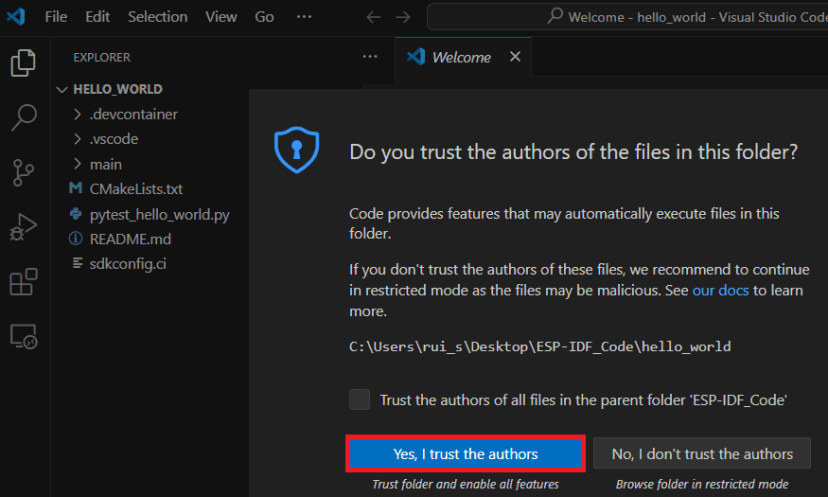 VS Code ESP-IDF Hello World Project Trust Authors