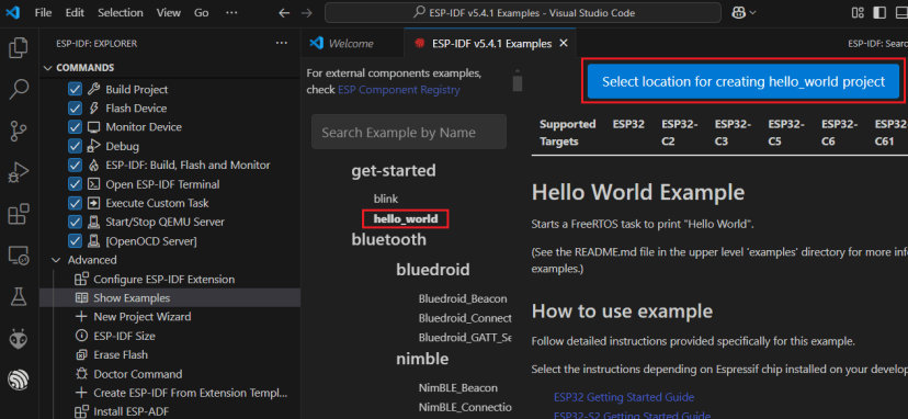 VS Code ESP-IDF Show Examples Open Hello World Project Select Location