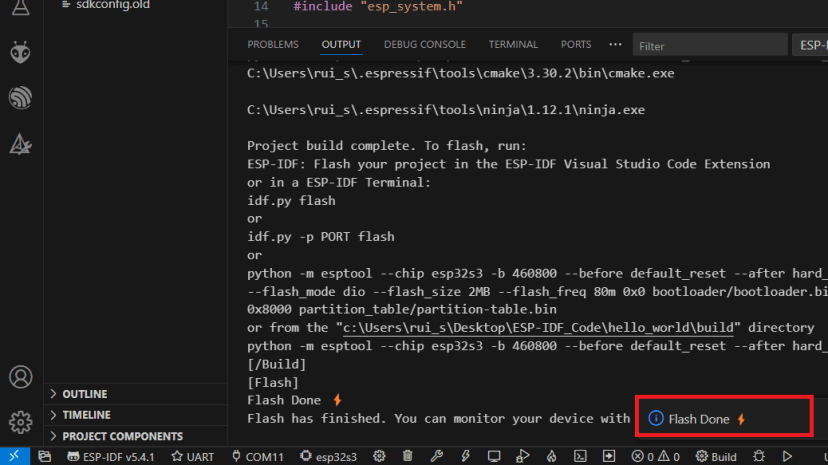 VS Code Flash Hello World Project to ESP32 ESP-IDF Done Success Message