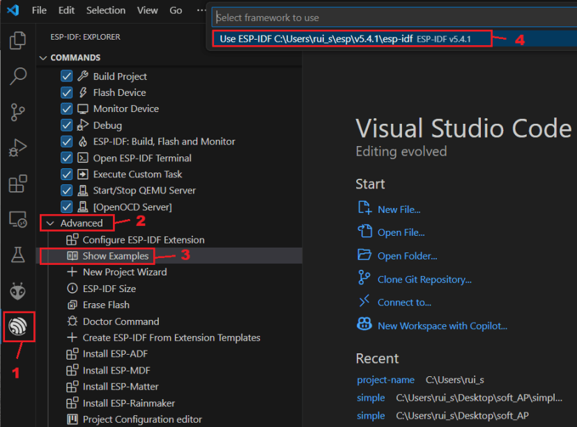 VS Code Open ESP-IDF Menu Show Examples