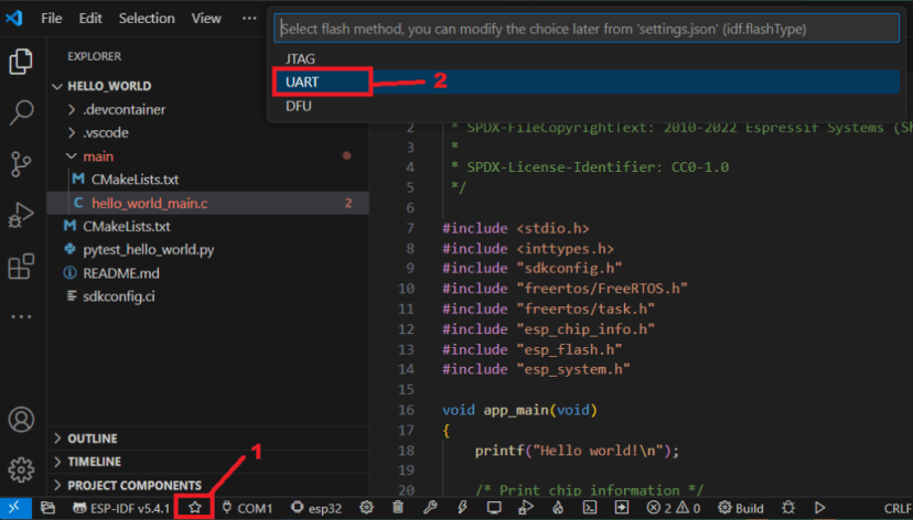 VS Code ESP-IDF Select Flash UART Option to Program Flash ESP32