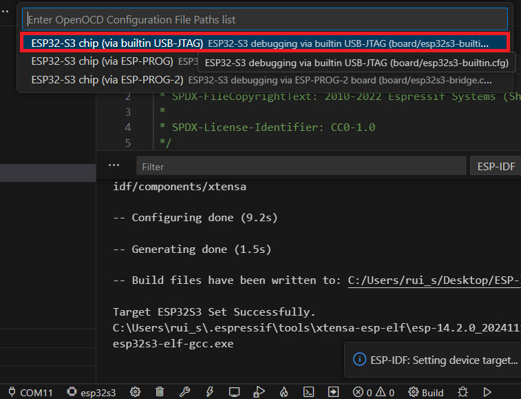 VS Code ESP-IDF Select the ESP32 S3 chip via built in USB JTAG Target Device