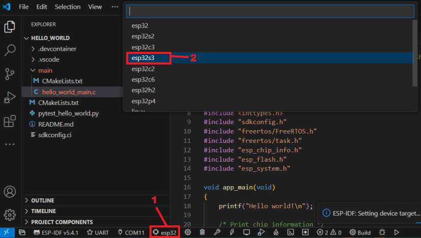 VS Code Select the ESP32 S3 or Correct Target Device ESP-IDF