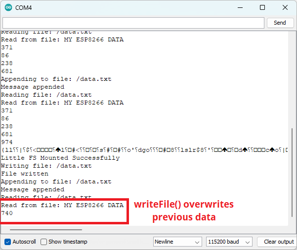 ESP8266 Save Data to File LittleFS Example Serial Monitor
